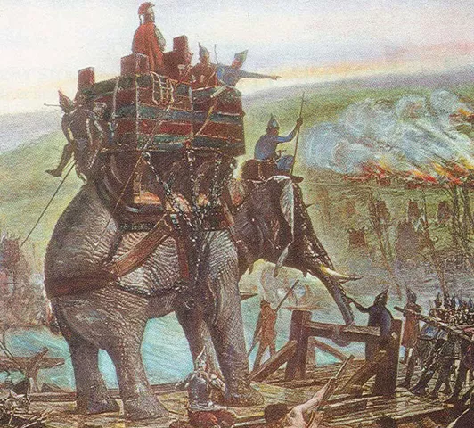 Illustration historique représentant Hannibal à dos d’éléphant traversant un pont en bois, entouré de soldats, lors de la traversée des Alpes.