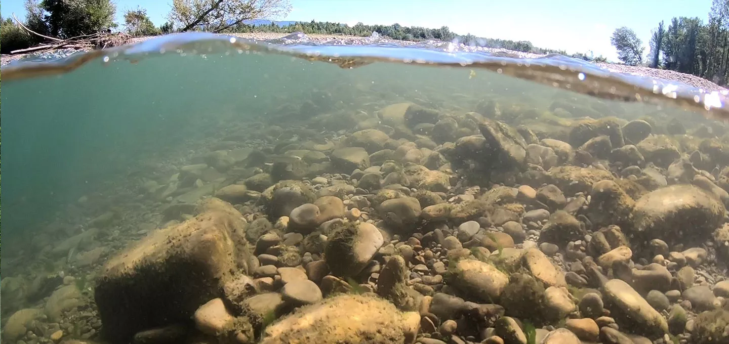 Vue mi-air mi-eau de la rivière Drôme, montrant les galets et les fonds sous-marins.